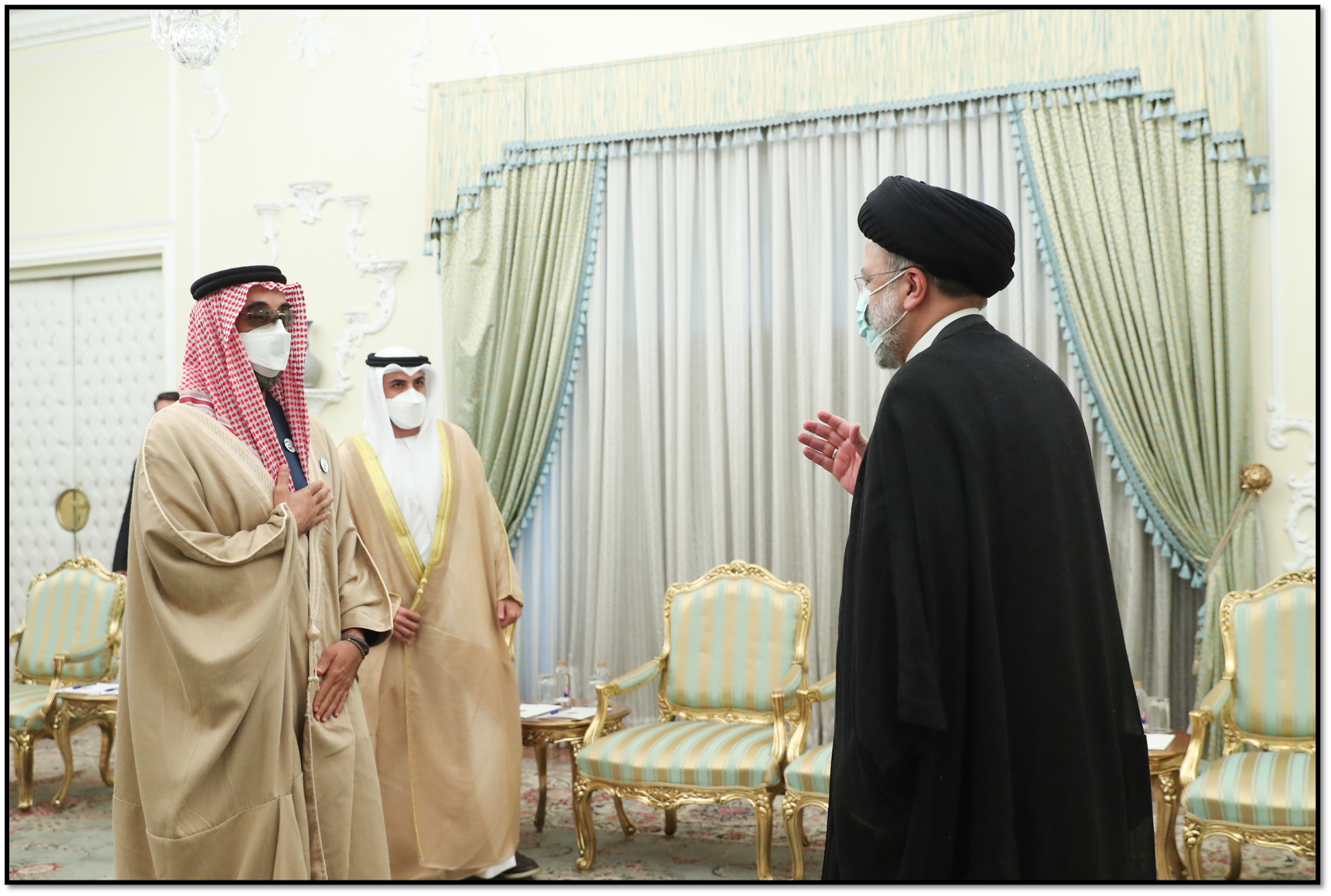 Emirati National Security Advisor Tahnoun bin Zayed Al Nahyan meets Iranian President Ebrahim Raisi. 