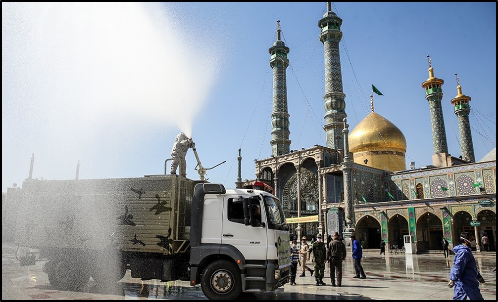 A military unit disinfects a mosque in Qom