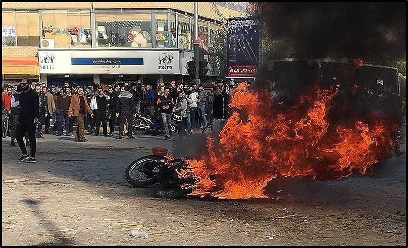 A motorcycle set on fire during the 2019 protests