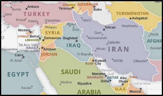 Map of region from Iran to Turkey