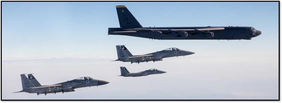 Israeli F-15 jets escort a U.S. B-52 bomber in March 2021