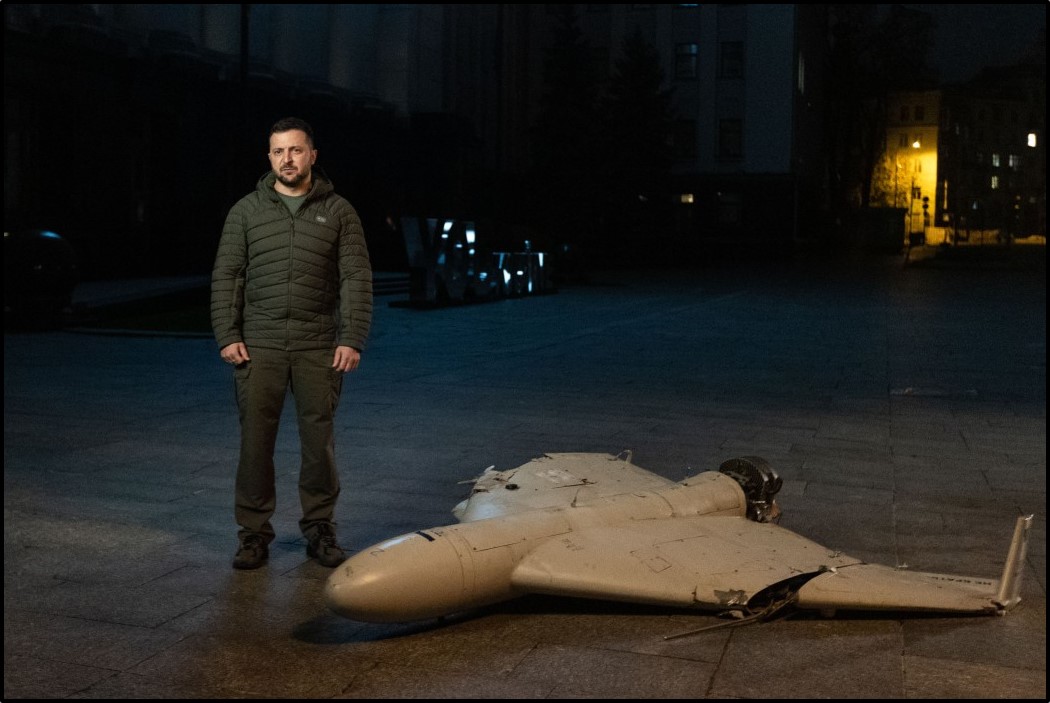 Ukrainian President Zelenksyy and a Shahed-136 drone